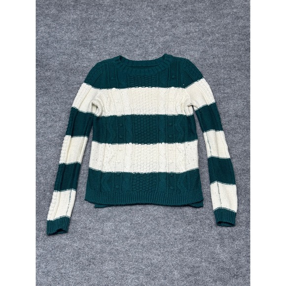 Hollister Sweaters - Hollister Women XS Striped Cable Knit Sweater Forest Green Cream Crewneck 3R3667